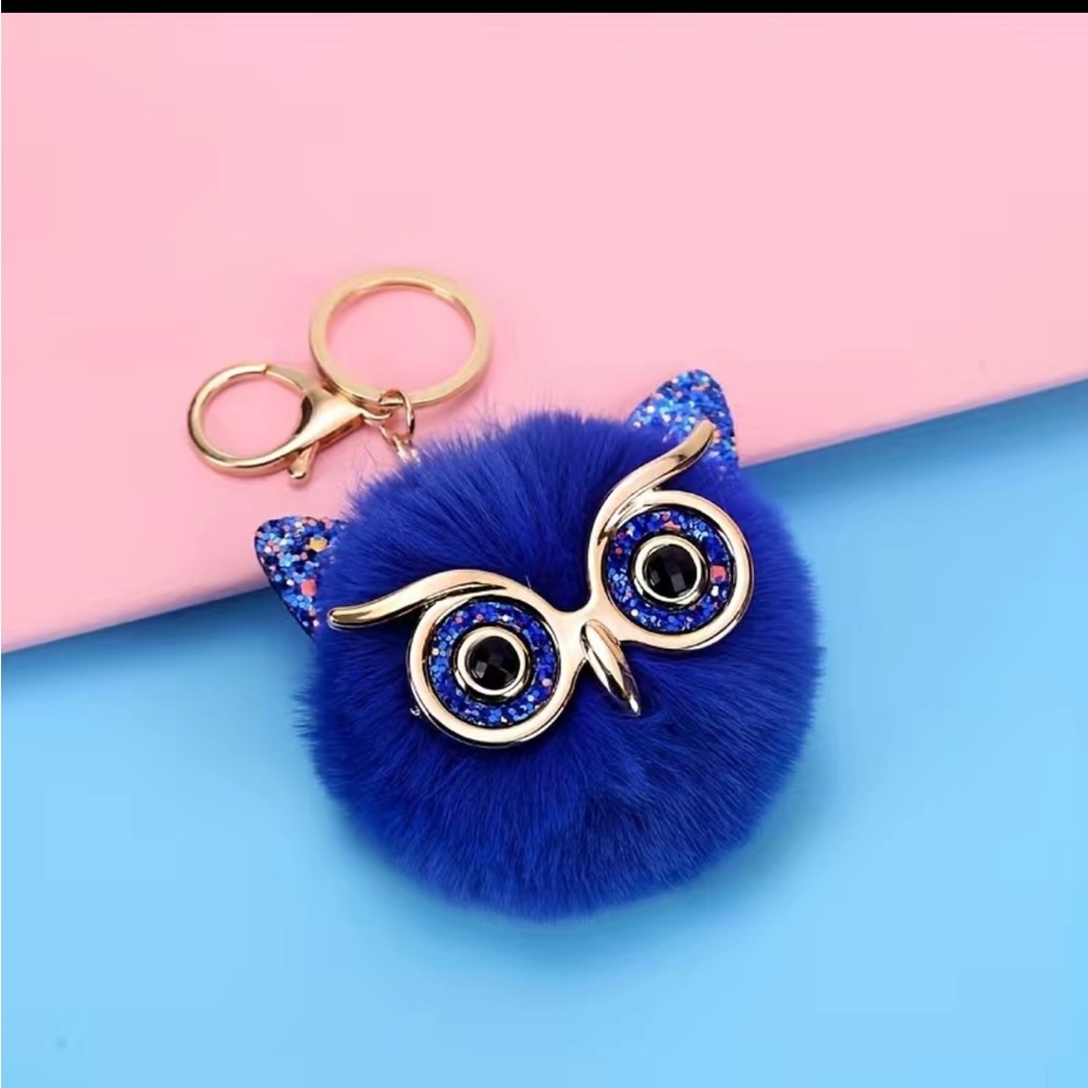 New Cute Owl with Faux Fur Sapphire Pompom Keychain/ Purse Charm